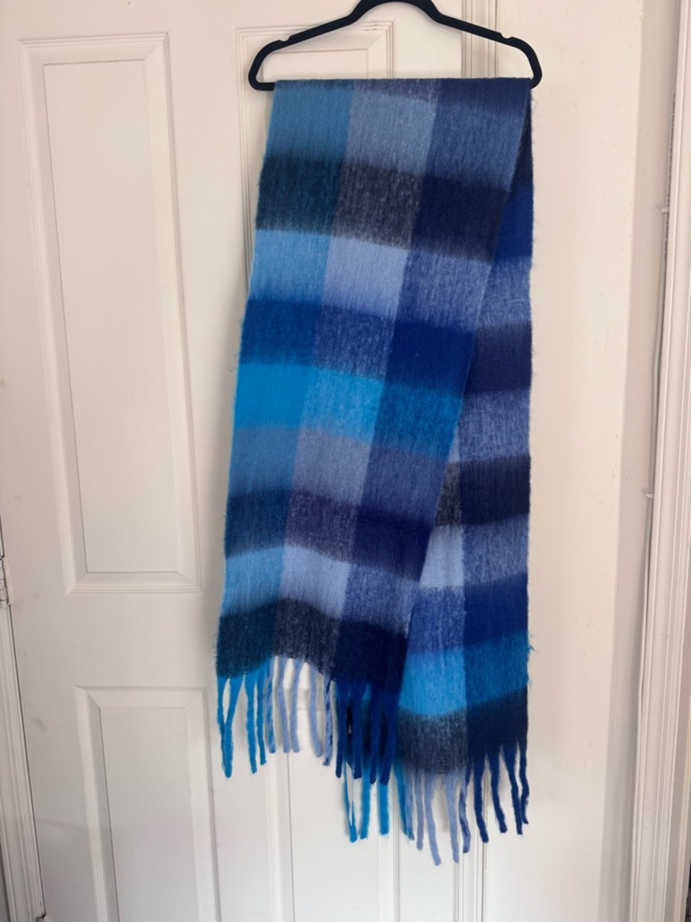 Aqua Blue Multi-Tone Plaid Fringe Scarf